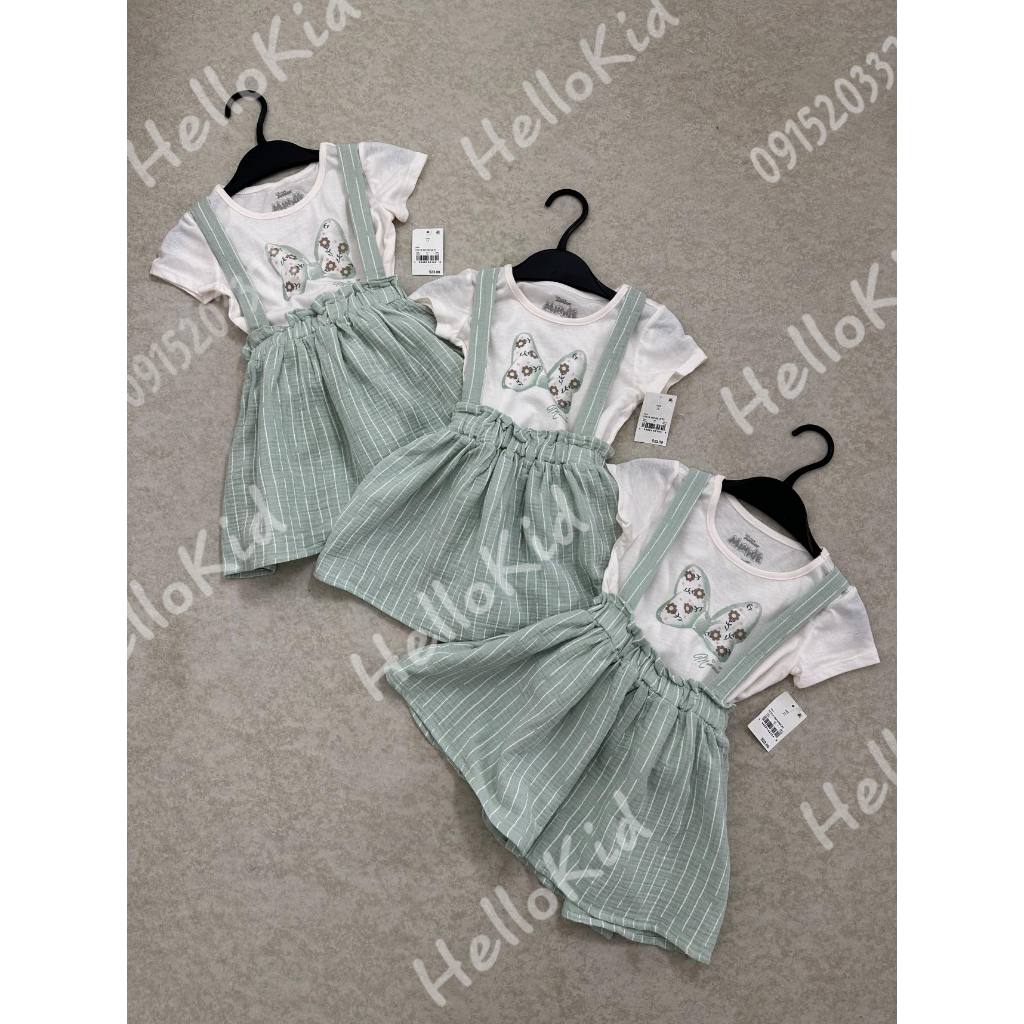 Set váy yếm bạc hà kèm áo thun nơ minnie bé gái