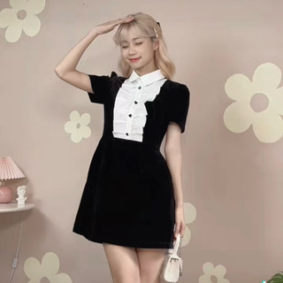 PASS NEW - Đầm nhung phối cổ sơ mi bèo tiểu thư