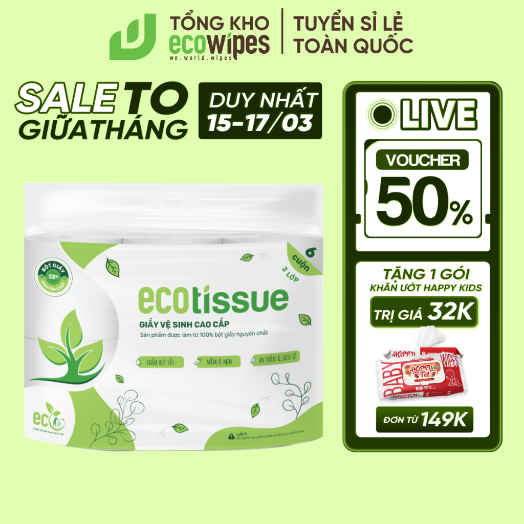 (HOẢ TỐC HCM) Giấy vệ sinh giấy cuộn cao cấp Ecotissue 3 lớp lốc 6 cuộn có lõi/không lõi cao cấp