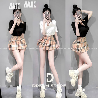 Set áo thun polo tay ngắn + chân váy xoè mam, set áo sơ phối caro kẻ ô cv ngắn xếp li
