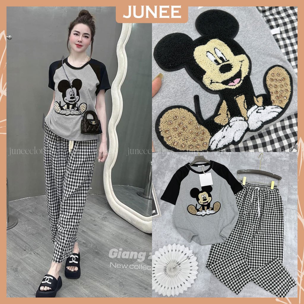 Set Bộ Đồ Nữ Áo Raglan Xám Chuột Mickey Thêu Lông Đáp Nổi Đính Đá Mix Quần Baggy Kẻ Đũi Dáng Freesize