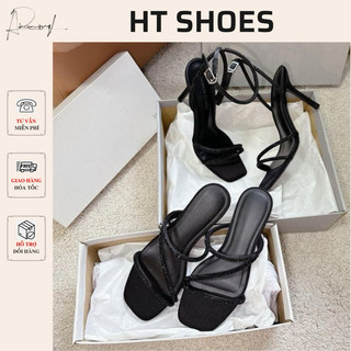 Giày sandal C mũi vuông đế bệt 1cm quai mảnh đính kim tuyền lấp lánh phong cách đơn giản cho mùa hè fullbox #6185