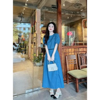 Set bộ denim áo tay bồng phối khuy bọc mix chân váy midi dáng dài xẻ phong cách tiểu thư sang chảnh