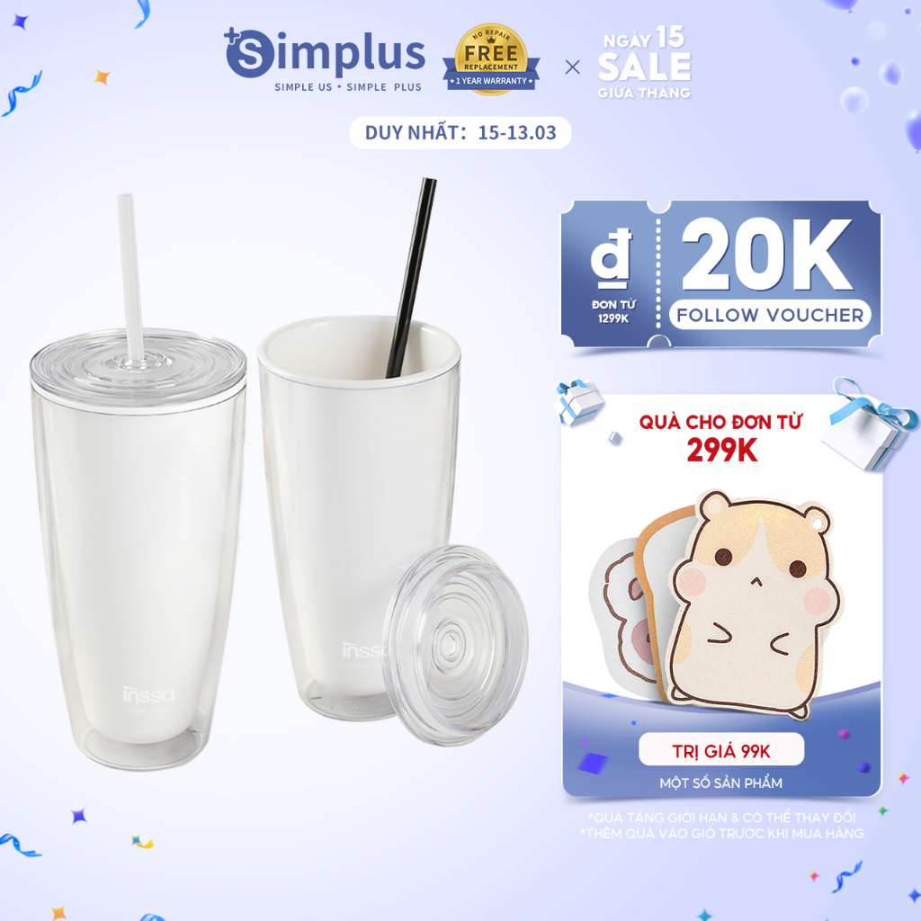 Ly nhựa 2 lớp Simplus Dung tích lớn 750ml XGBH001- Gửi tặng 1 ống hút thay thế