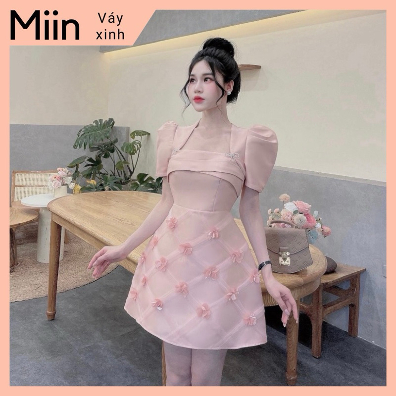 Váy tapta lưới xếp ô đính hoa