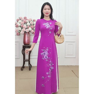 T346 áo dài lụa Mỹ khít bồng tím Cẩm thêu hoa tím đính pha Lê trắng (KHÔNG GỒM QUẦN)