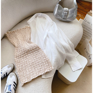 Set đầm nude body ống nhún chỉ kèm khoác sơ mi trắng