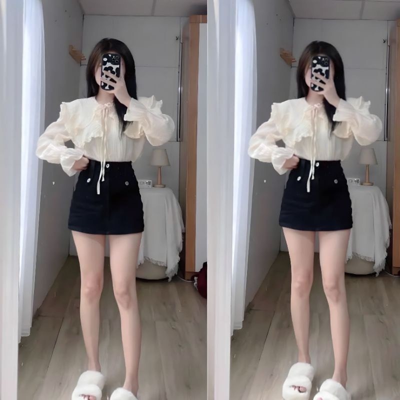 Áo sơ mi nữ cổ bèo chun tay,áo sơ mi kiểu nữ bánh bèo chất đũi gân cao gấp sominstore | BigBuy360 - bigbuy360.vn