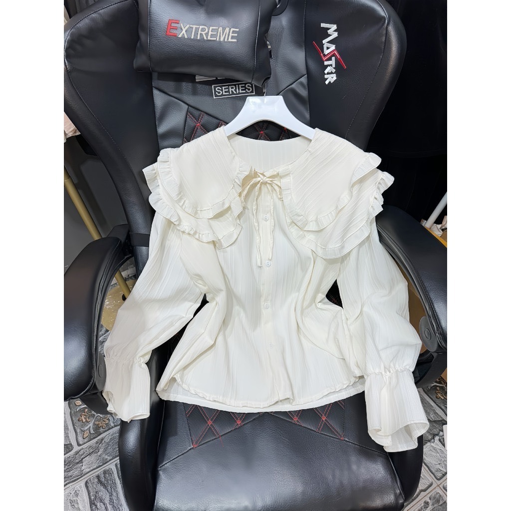Áo sơ mi nữ cổ bèo chun tay,áo sơ mi kiểu nữ bánh bèo chất đũi gân cao gấp sominstore | BigBuy360 - bigbuy360.vn