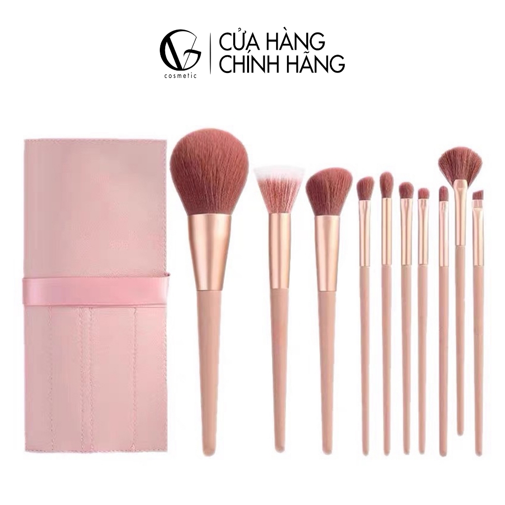 Bộ cọ trang điểm cá nhân GUVIET gồm 10 cọ với 2 màu Hồng và xanh lam đi kèm túi da đựng