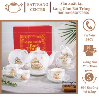(6 MẪU)Bộ Ấm Chén Pha Trà Bát Tràng-vẽ Thuận Buồm Xuôi Gió,men Trắng,viền Vàng-dáng ấm Minh Long 500ml