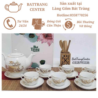 (6 MẪU)Bộ Ấm Chén Pha Trà Bát Tràng-vẽ Công Danh Tài Lộc,men Trắng,viền Vàng-dáng ấm Minh Long