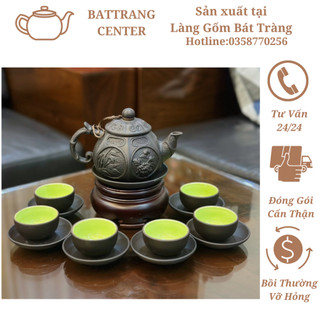 Ấm chén Tử sa Nghệ Nhân Bát Tràng đất nung đỏ,men Đen-bộ Tứ Cảnh và Tâm Đạo