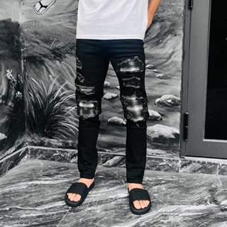 Quần JEAN AMIRI Đen Vá Gối Ghi Siêu Nét Ống Côn Bó Sát Quần Bò Nam Đen Gối Vá Họa Tiết Bản Cao Cấp Co Giãn 4 Chiều