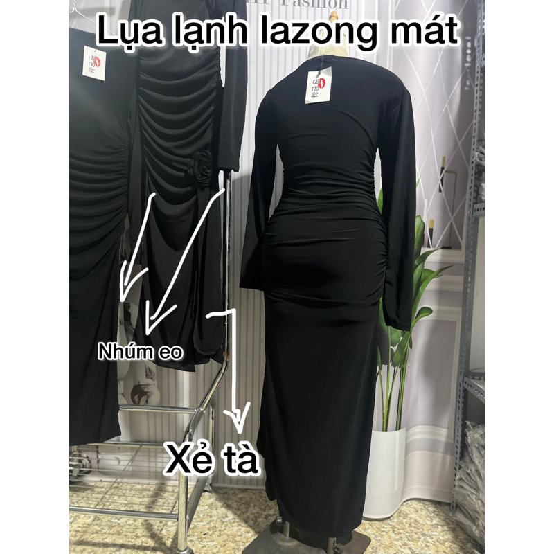 Đầm body dài tay xẻ tà nhúm eo 2 bên đính hoa dáng dài maxi, váy kiểu nữ màu đen thun lạnh mát cổ xẻ đi tiệc G718 | BigBuy360 - bigbuy360.vn
