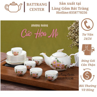 (8 MẪU)Bộ Ấm Chén Pha Trà Bát Tràng -Dáng Phượng,men Trắng,vẽ Vàng Cúc Họa Mi,Hoa sen