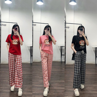 Set áo hình mèo + quần suông kẻ caro - 110s03
