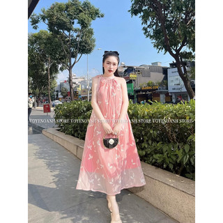 Váy đầm maxi đi biển cổ yếm chất tơ xốp thêu lá 3d