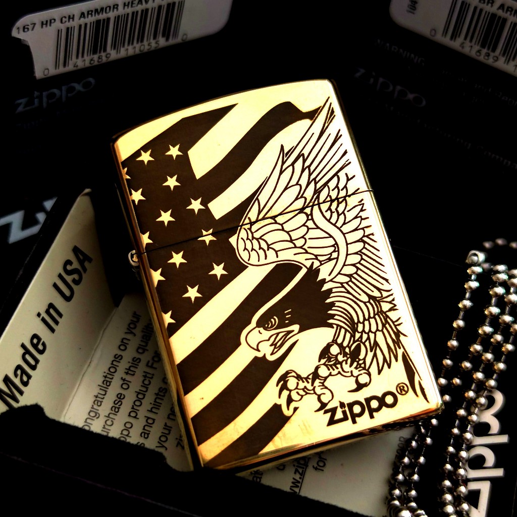 Vỏ bật lửa Zippo đồng khối mẫu Eagle Fly In Flag dễ thay thế (không có lửa) chỉ có vỏ