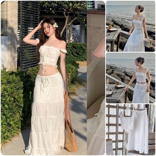 Set 2 dây crop trắng đan dây ngực + chân váy midi