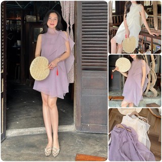 Đầm suông voan nơ vai bèo lệch