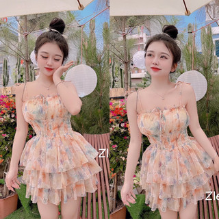 Váy tơ 2 dây chun eo 3 tầng - V007