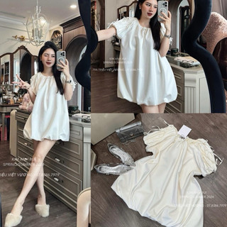 Váy Tay Bồng Đính Nơ Dáng Boom Tiểu Thư Chất Thô Dày Dặn