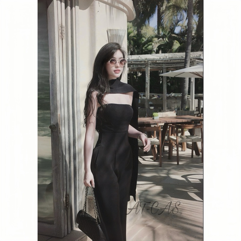 (Hàng Đẹp L1) Jumpsuit Cúp Ngực Ống Suông Kèm Khăn Choàng Cổ Sang Xịn