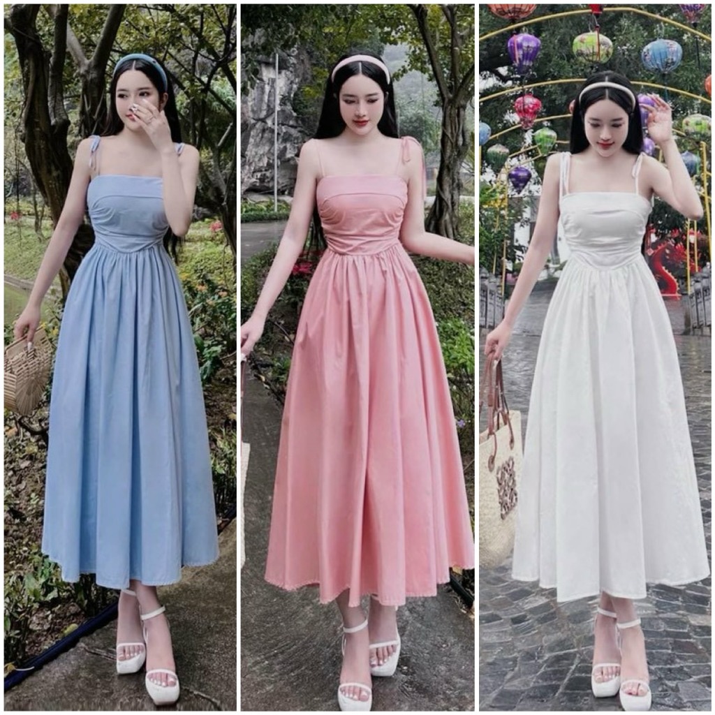 Đầm váy nữ hai dây, cúp ngực,bo chun lưng mix dáng váy xòe dài với tone màu nhẹ nhàng dành cho các nàng mặc đi biển xinh