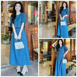 Sét đầm váy nữ áo croptop tay phồng mix chân váy xòe dài đậm chất tiểu thư dành cho các nàng mặc đi làm, đi chơi xinh.