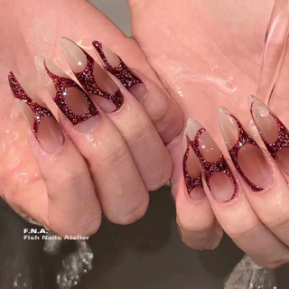 Cicin nailbox / móng úp ombre nâu đỏ vẽ sóng nhũ flash gothic style slay
