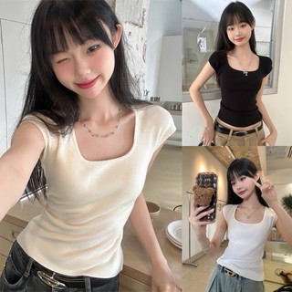 Áo thun dệt kim cổ chữ U màu trơn dáng ôm body basic ngắn tay hến dễ phối xuân hè