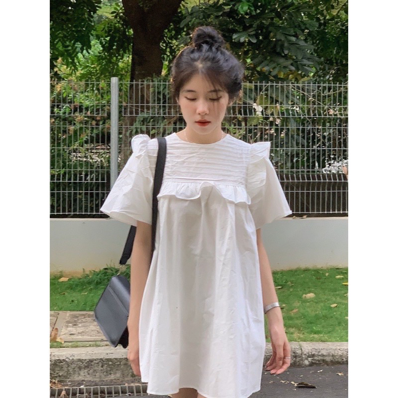 Váy baby doll cánh tiên xếp bèo ngực cổ vuông tiểu thư
