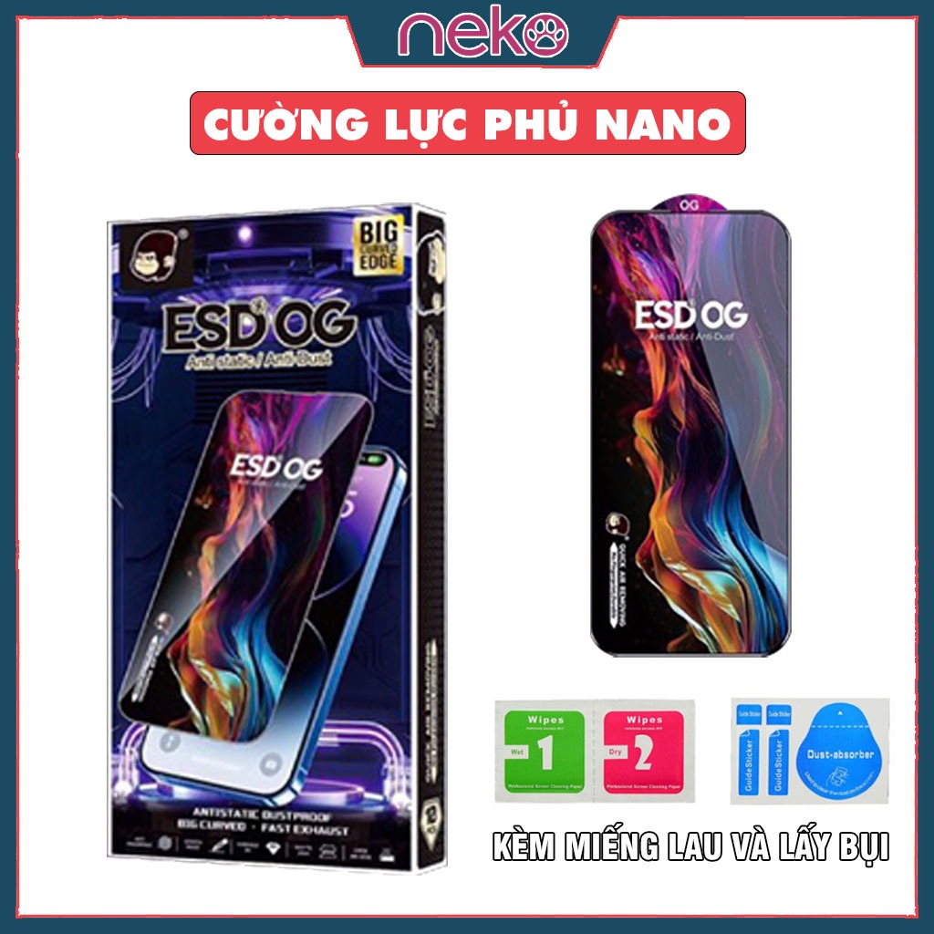 Kính Cường Lực Phủ Nano Esd Og Đóng Hộp Full Viền Cho Iphone 6 7 8 X Xs Xr 11 12 13 14 15 16 Pro Max Plus [Kính Esd]