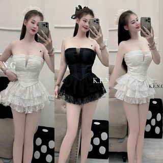 Set áo ống phối lưới kèm chân váy ren tầng