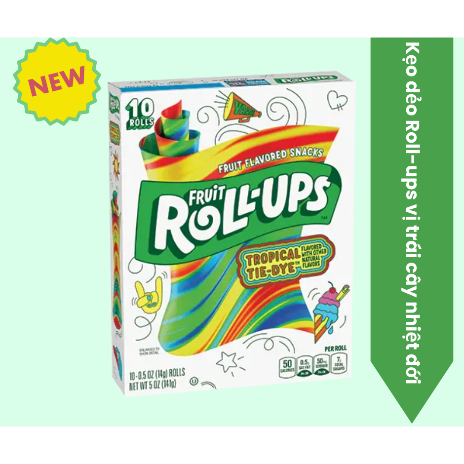 Kẹo Dẻo Fruit Roll-Ups Tropical Tie Dye Kẹo dẻo cuộn kem (vị trái cây nhiệt đới)