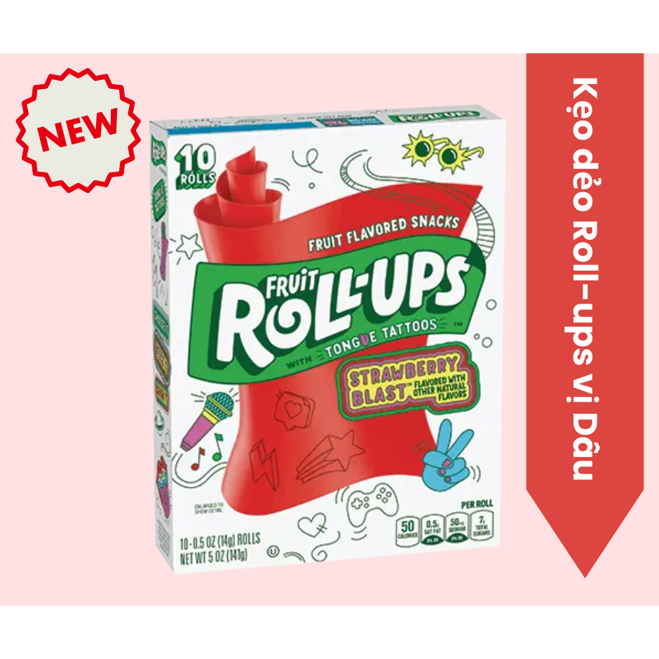 Kẹo dẻo cuộn Vị Dâu Fruit Roll-Ups Strawberry Sensation 141g - Hộp 10 cái