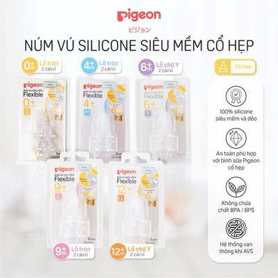 Núm ti Pigeon cổ hẹp siêu mềm chống đầy hơi sặc sữa cho bình sữa chính hãng núm ty cho bé (2 cái/vỉ)