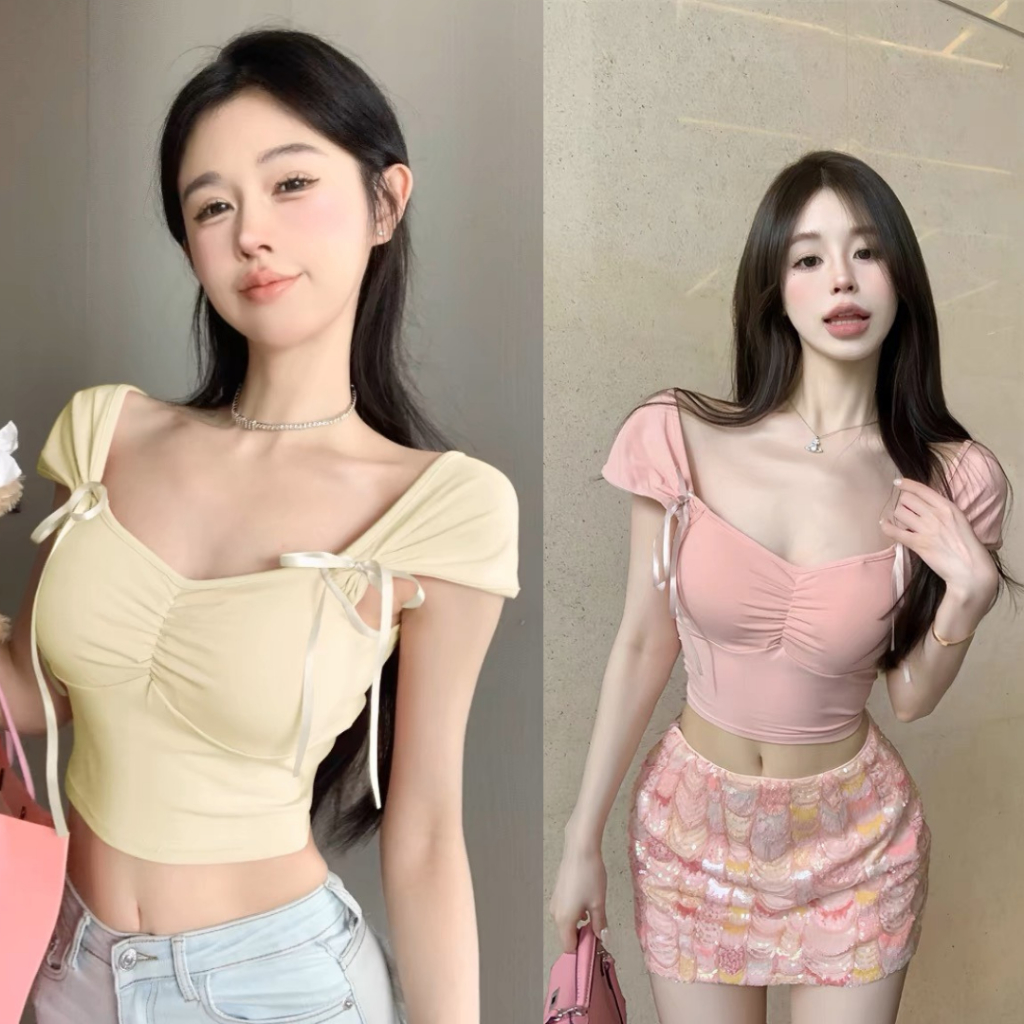 Áo croptop baby tee nữ đính nơ 2 bên phối nhúm ngực phong cách quyến rũ vải cotton 4 chiều MA213 | BigBuy360 - bigbuy360.vn