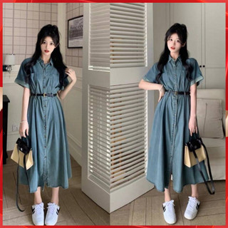 Đầm jean dáng dài có kèm đai chất bò mềm phong cách trẻ trung - Váy bò dáng dài nữ