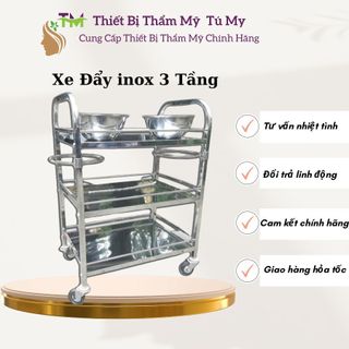 Xe đẩy inox 3 tầng spa có bát nước, xe đựng dụng cụ spa, phun xăm thẩm mỹ