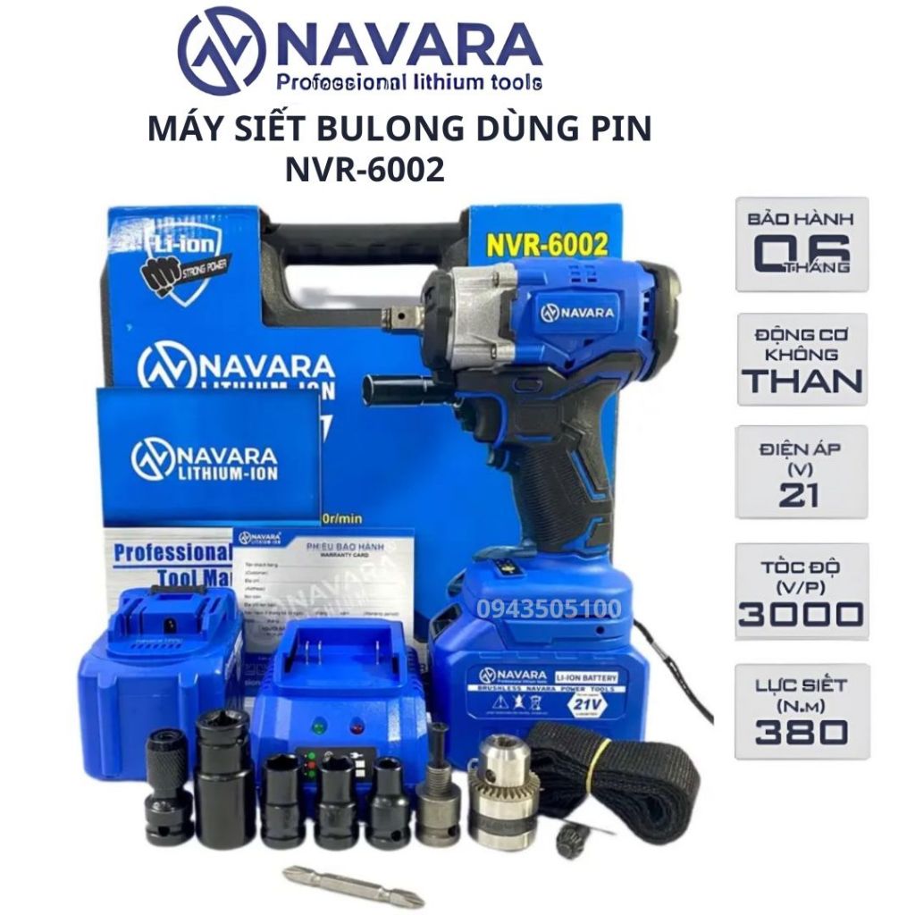 Máy siết bulong,Máy bắn bulong pin Navara 6002, Lực siết 380Nm, Động cơ bền bỉ mạnh mẽ,Động cơ không chổi than