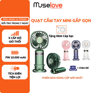 Quạt Mini Cầm Tay Tích Điện Gấp Gọn MUSELOVE 5 Tốc Độ Gió, Xoay Linh Hoạt 90 Độ, Có Dây Đeo Cổ, Pin  Lớn 10.000MaH