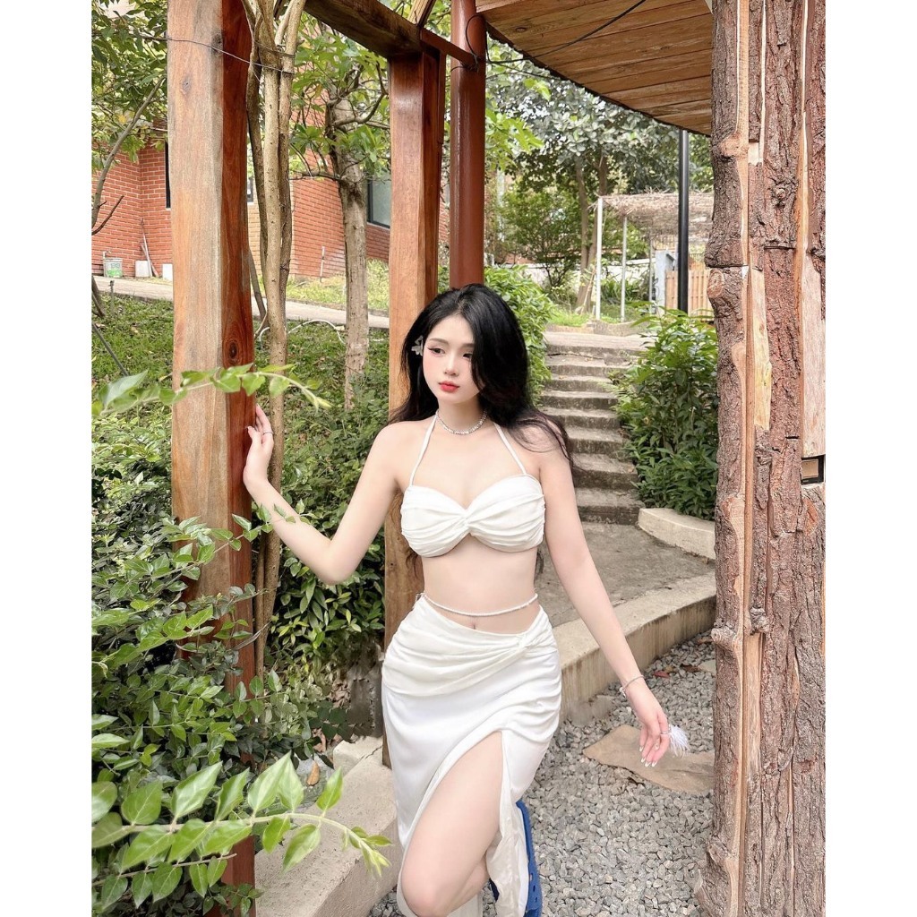 Set Áo 2 Dây Bikini Đi Biển Vierlin Thiết Kế Cúp Ngực Xẻ Đùi - Áo Cột Kèm Chân Váy Lụa Tằm Dày Dặn VBK010 | BigBuy360 - bigbuy360.vn