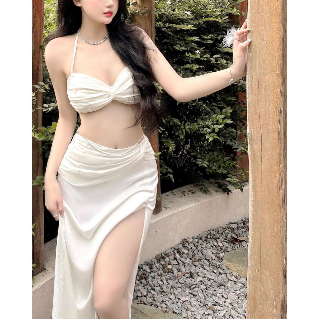 Set Áo 2 Dây Bikini Đi Biển Vierlin Thiết Kế Cúp Ngực Xẻ Đùi - Áo Cột Kèm Chân Váy Lụa Tằm Dày Dặn VBK010 | BigBuy360 - bigbuy360.vn