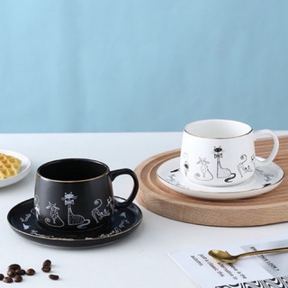 Set cốc đĩa kèm thìa hoạ tiết mèo có hộp đựng quà sang trọng, ly sứ tai mèo 4 màu dễ thương 300ml