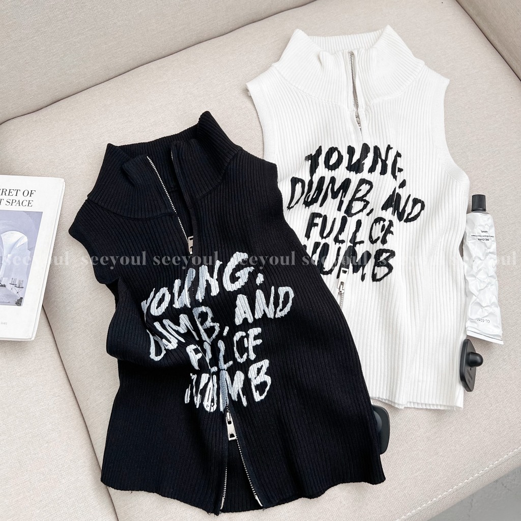 Áo len tanktop in chữ dây kéo QC-4755(HÌNH THẬT SHOP CHỤP)