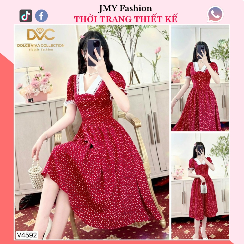 đầm xòe đỏ midi cổ V viền ren nữ tính