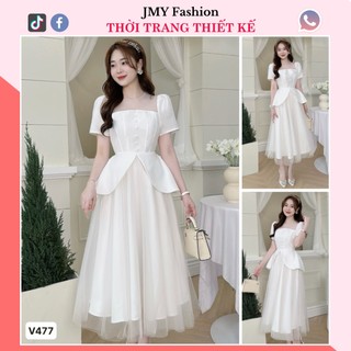 V477 Váy trắng xòe dài peplum cổ vuông dự tiệc [TH Hà Thanh] đầm trắng tafta phối chân váy lưới xòe dáng dài tiểu thư