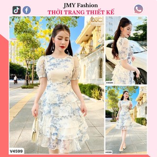 V2938, V4599 Váy tơ trắng kem họa tiết xanh dáng xòe 5 tầng nữ tính [Dolce Viva Colection (DVC)] đầm voan tơ dáng xòe cô